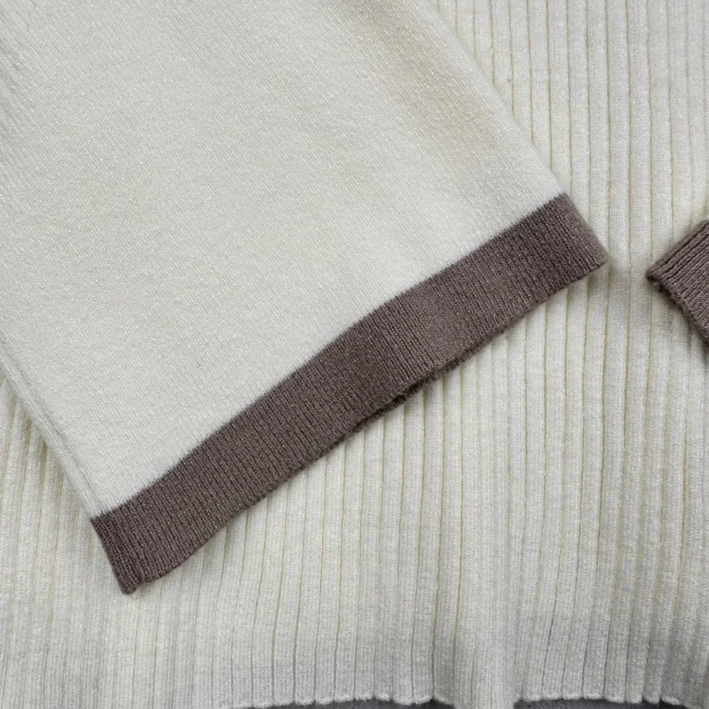 Varley Womens Ravena Rib Knit Turtleneck Top Sweater Cream Taupe Trim L Orig 128